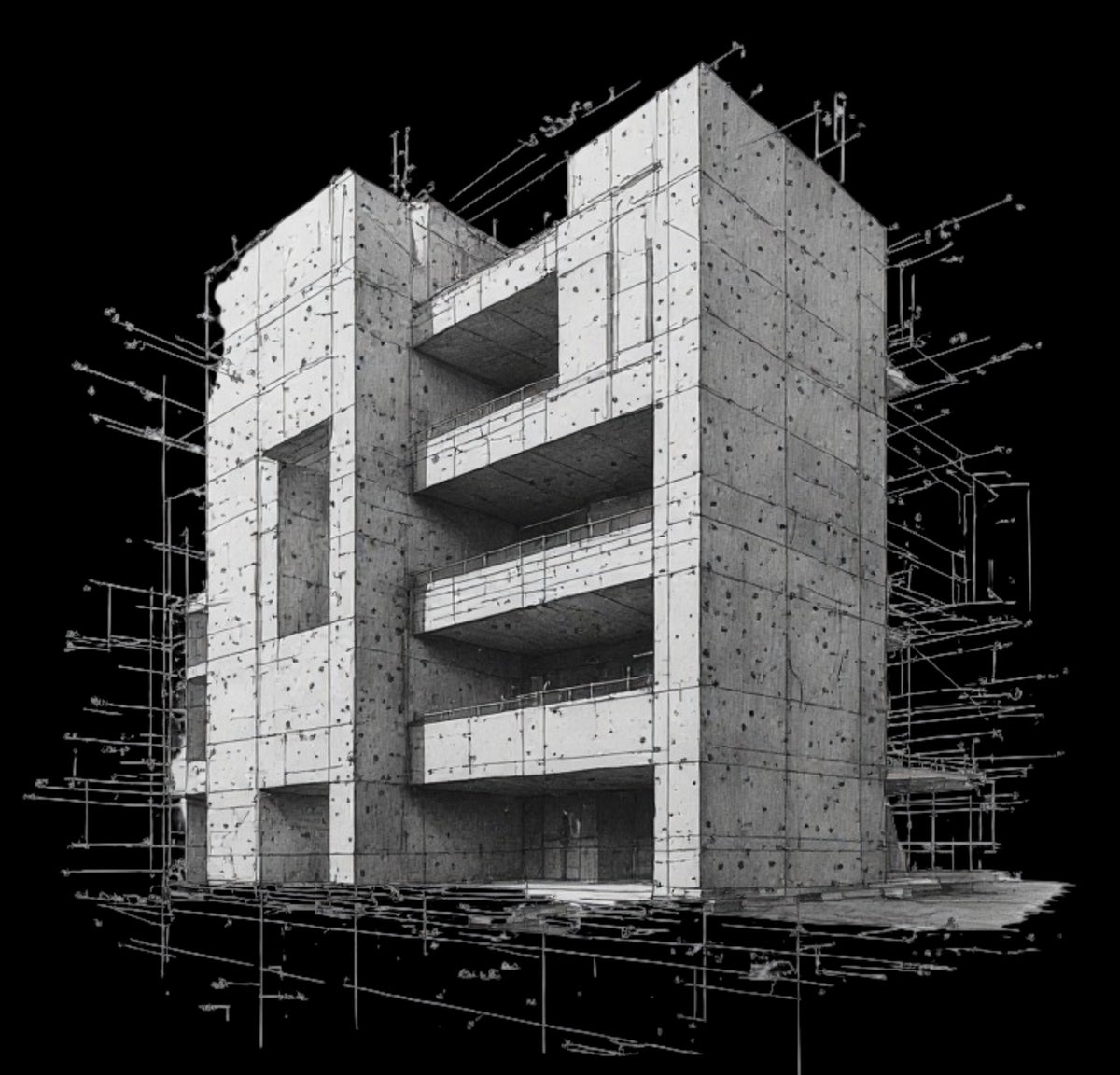 Monochrome brutalist concrete structure against black